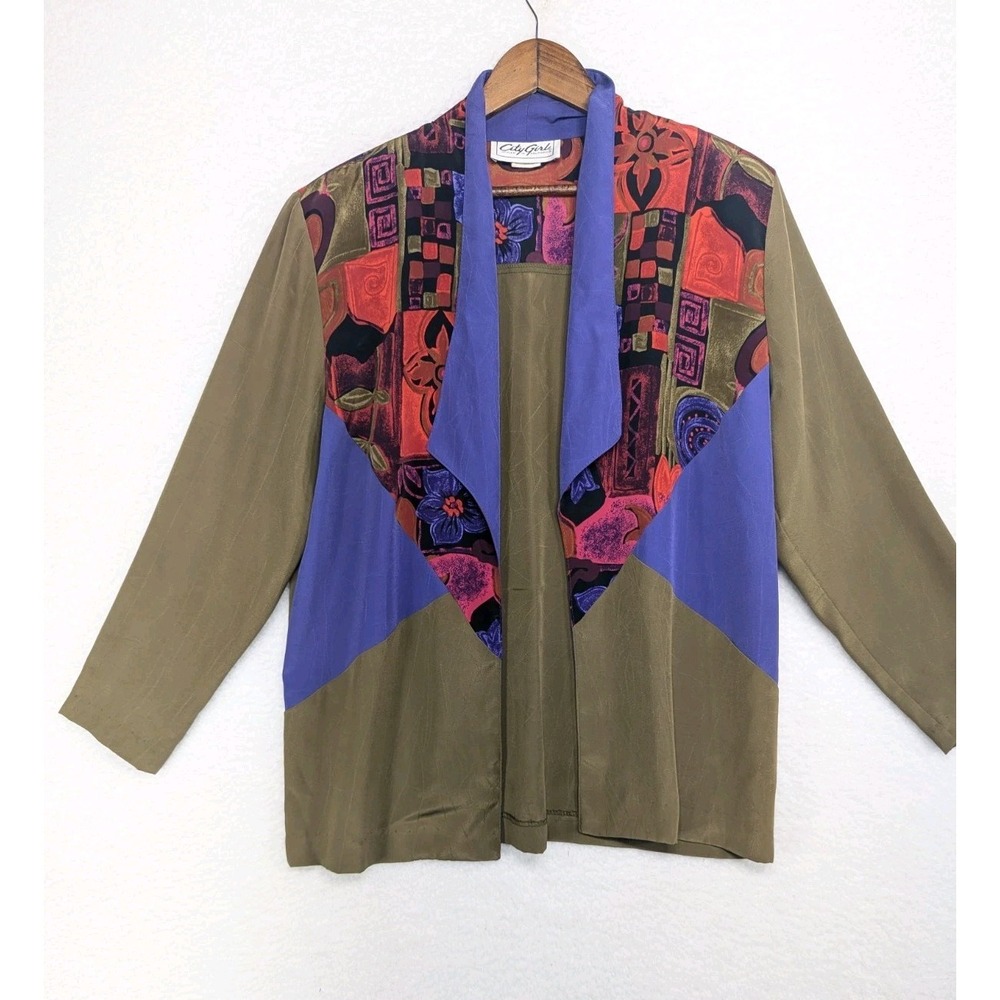City Girl Vintage 80s 90s Women's Olive Geometric Print Blazer Top 12 USA